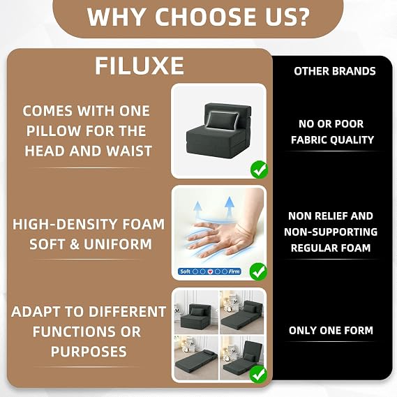 FILUXE Convertible Folding Sofa Bed - Sleeper Chair with Pillow, Modern Linen Fabric Floor & Futon Sofa, Folding Mattress for Living Room, Dorm, Guest, Home Office, Apartment, Single Dark Grey