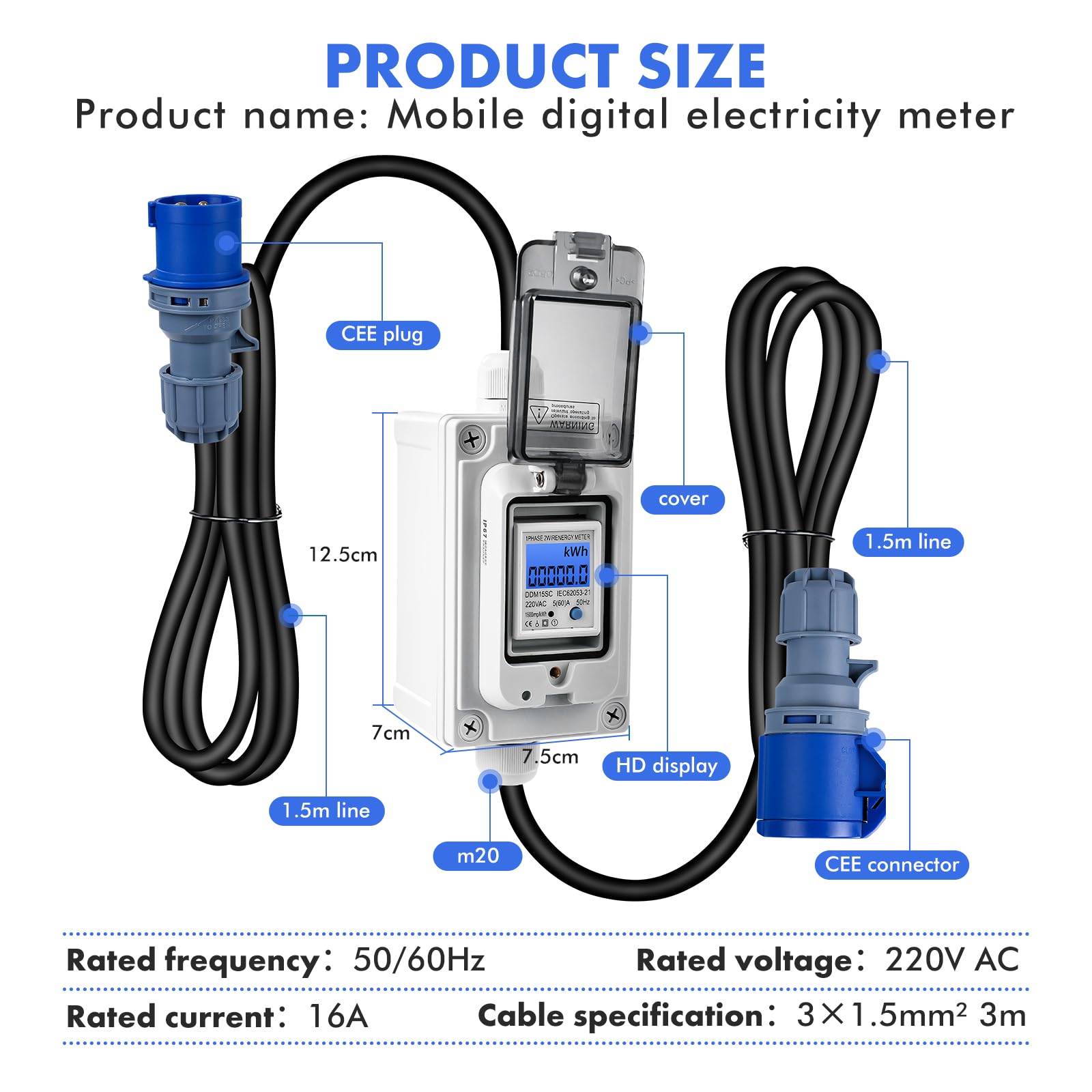 Jadeshay Contatore Energia Elettrica,230V 16A Misuratore Consumo Elettrico Mobile Contatore di Energia Impermeabile con Reset per Camper RV Auto Domestico con Spina CEE Industriale e 3 Metri Cavo