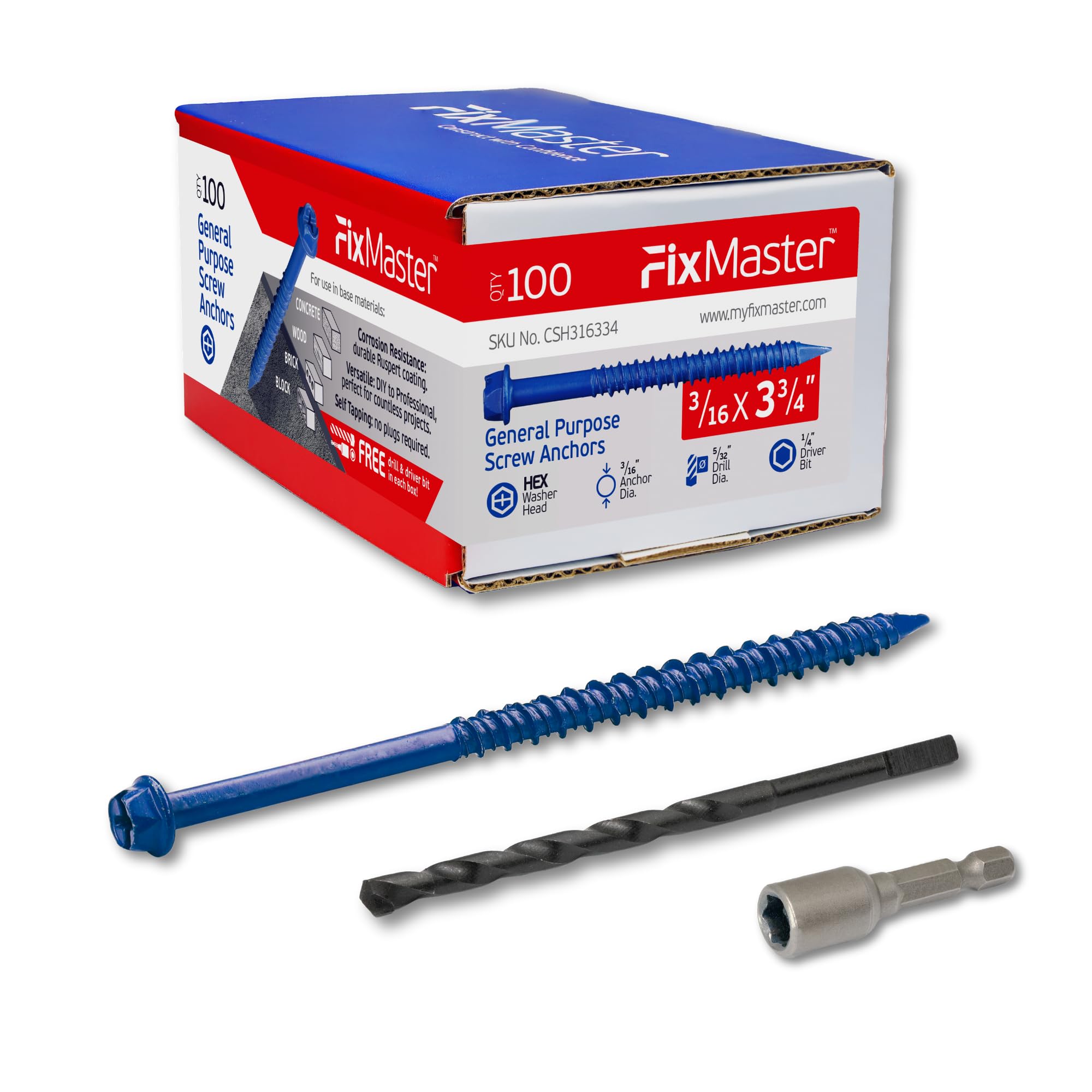Concrete Screw Anchors - 100 Pack with Drill Bit & Screwdriver -12
