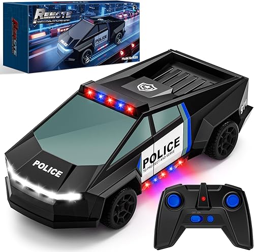 Miniatura 1 de Juguetes de auto a control remoto, 120 con temática de policía RC Cyber Truck con luces LED intermitentes y espacio de carga, 2.4 GHz recargable de