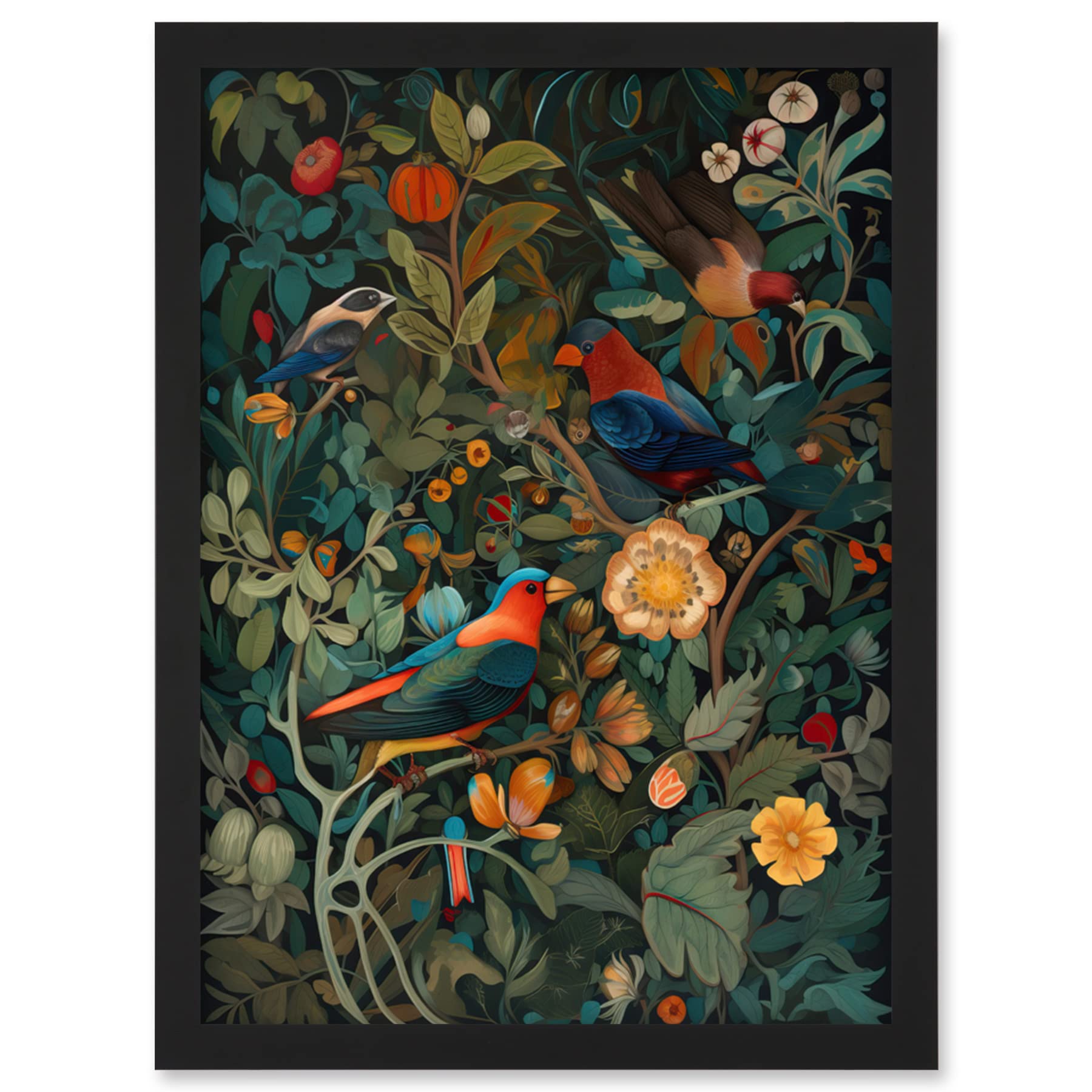 Artery8 Parrots on Exotic Blooming Trees Modern Folk Art Artwork Framed Wall Art Print A4