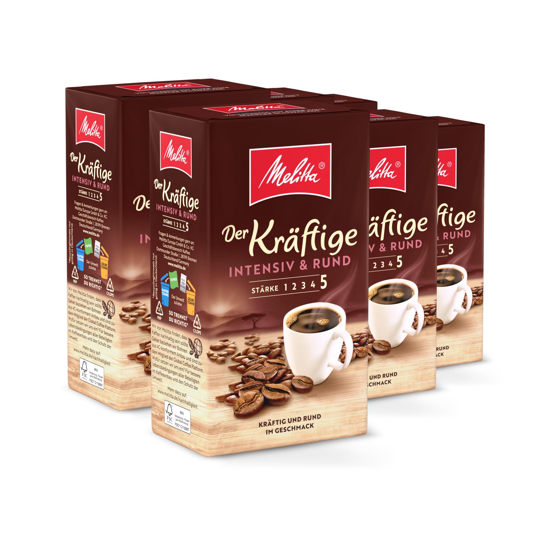 Melitta Kawa filtrująca o dużej mocy 6 x 500 g, mielona, proszek do ekspresów do kawy, mocne palenie, palona w Niemczech, w tacy