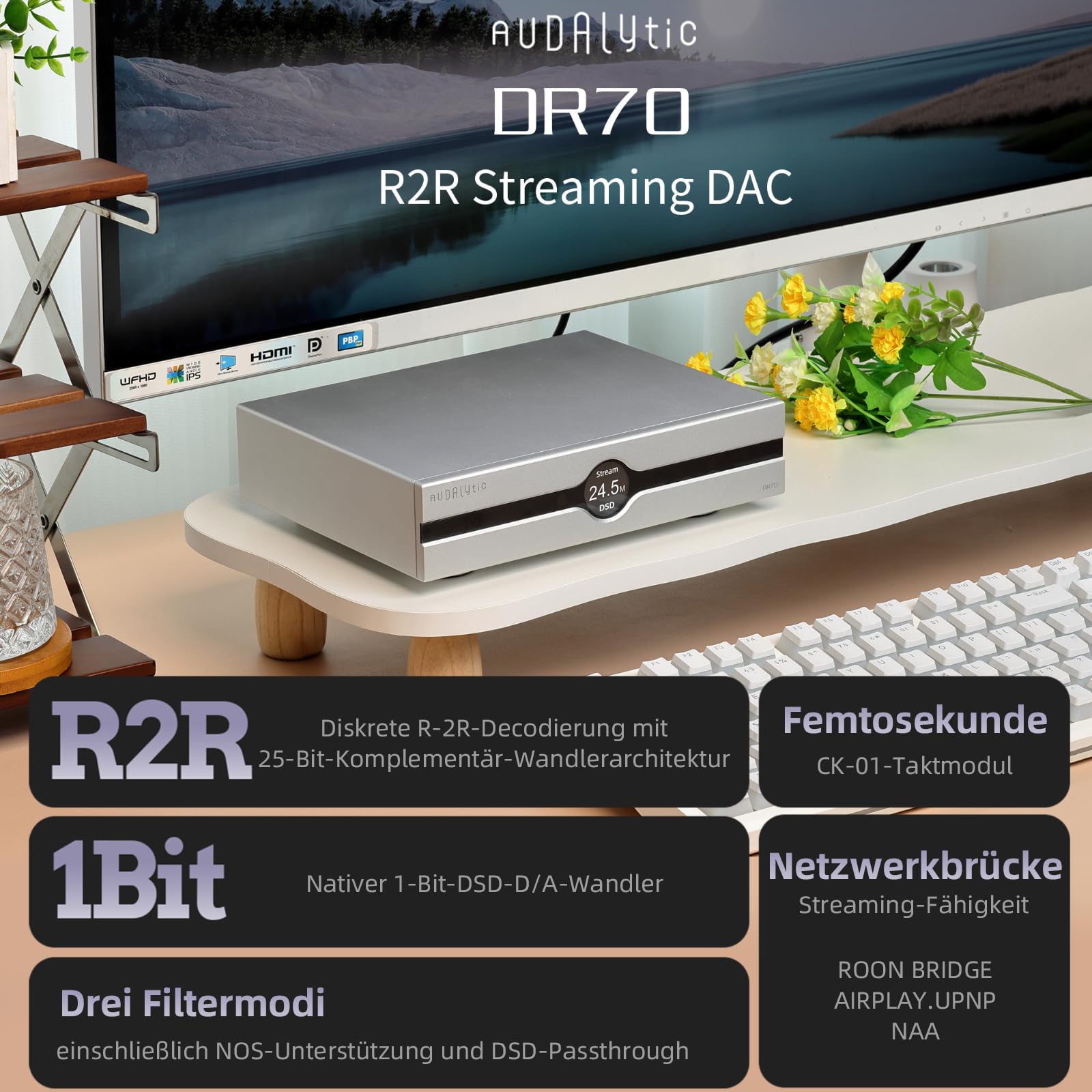 Gustard Audalytic DR70N R2R DAC | Nativer 1-Bit DSD512 PCM768kHz | USB,Optisch,Koaxial x2,LAN-Eingang | Vollständig diskreter symmetrischer Digital-Analog-Wandler | Netzwerk-Streaming-Decoder(Schwarz)