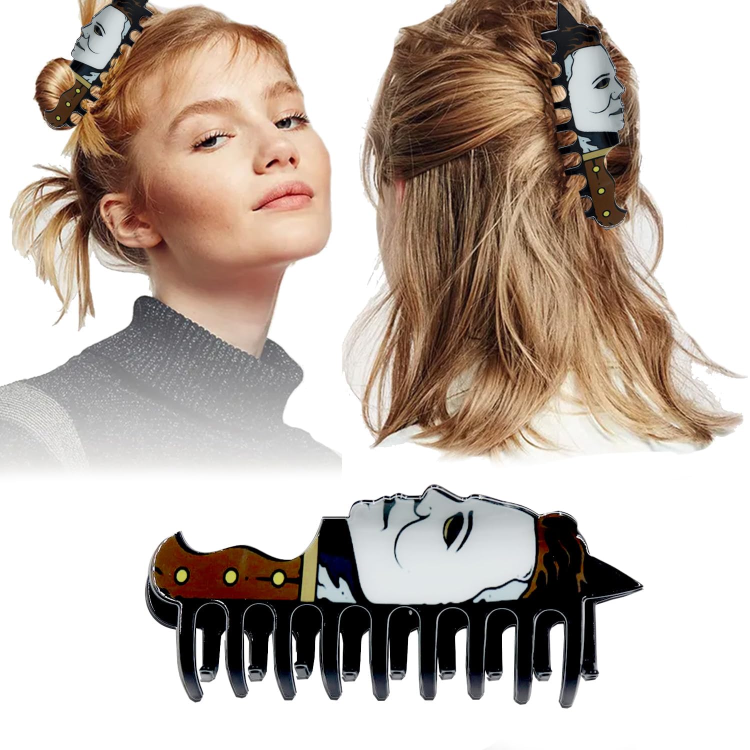 DailyyartHalloween Hair Claws Clips Mask Ghost Face Hairpin Funny Ponytail Clip Scream Grimaces Scary Styling Shark Clip Hair Accessories Halloween Styling (Style 3)