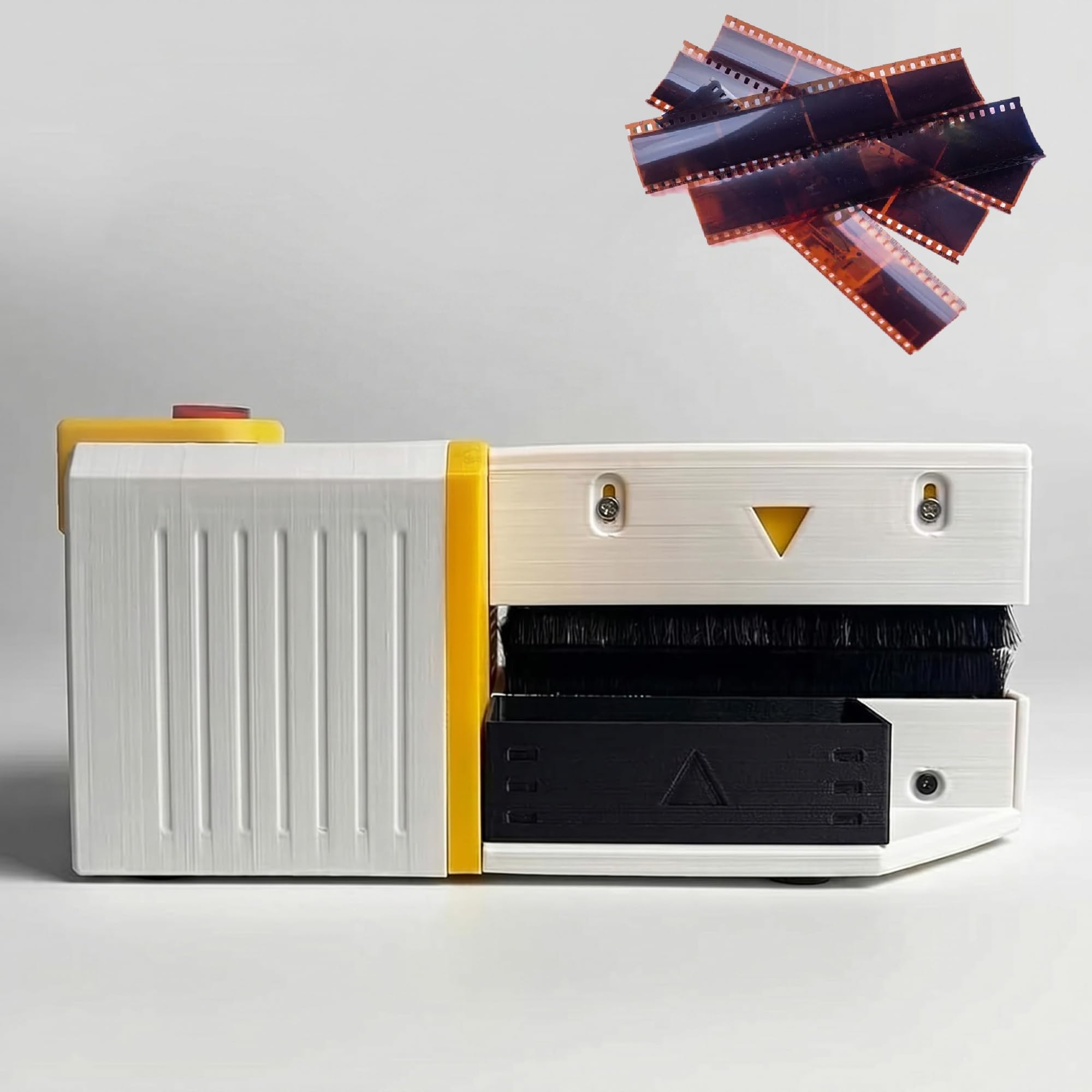 Eliminador eléctrico de Polvo y estática para películas (formatos 135 y 120), con Cepillo de Lana Suave, Ventilador con Filtro y Espacio Ajustable; Ideal para escaneo, reproducción