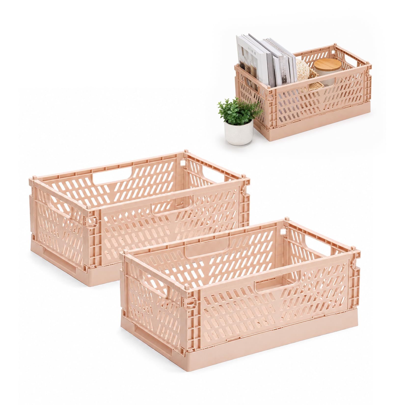 PIANKEKE 2 Pcs Collapsible Storage Box Beige, Plastic Stackable Folding Storage Crates with Handles, Foldable Storage Baskets for Office Kitchen Bathroom Desktop, 12 x 7.87 x 4.53 Inch