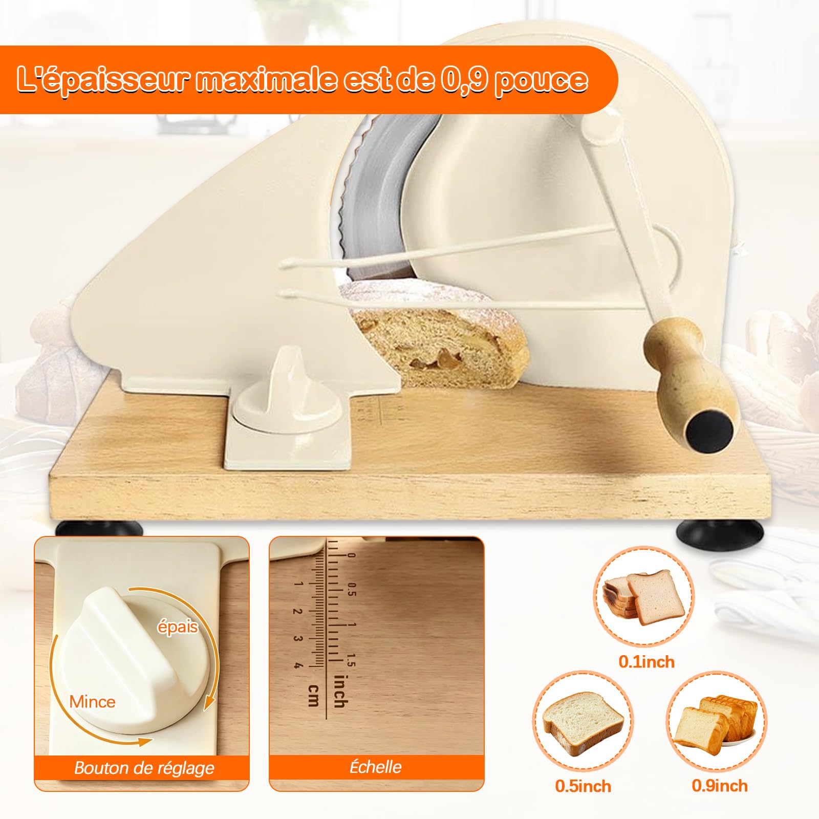 Trancheuse à Pain Manuelle Réglable 0-23mm, Coupe Pain avec Lame Ondulée en Acier Inox, Machine à Bread avec Sac Beeswax Réutilisable, Couteau de Cuisine Stable Antidérapant & Commercial Use