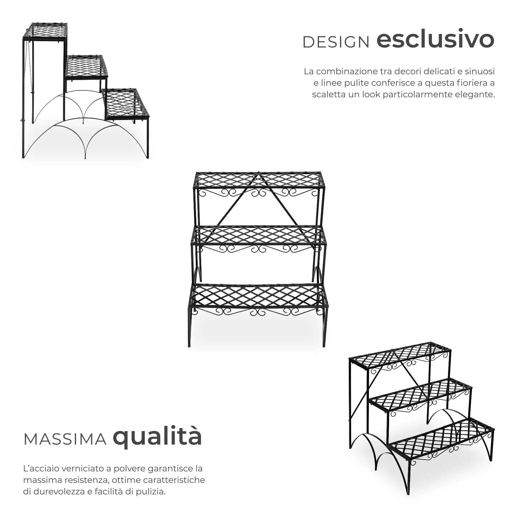 tectake® Fioriera Portavasi, Scala a 3 Gradini, Supporto per Piante, Struttura in Ferro, Decorativa da Esterno, Arredamento Balcone, 60x60x60 cm, Portata 30 kg