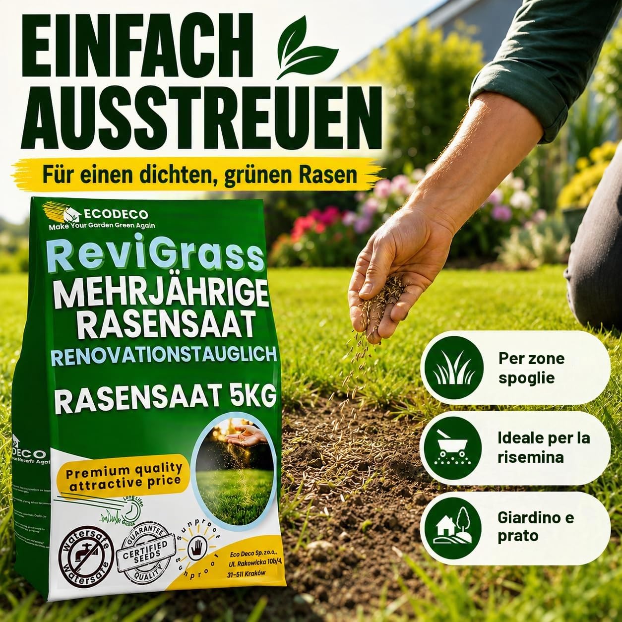 Semi Prato a Crescita Rapida 5kg per 200m² | Sementi Erba per Rigenerazione e Semina – Mix 100% Loietto Perenne e Festuca Resistente per Tappeto Erboso Folto e Durevole