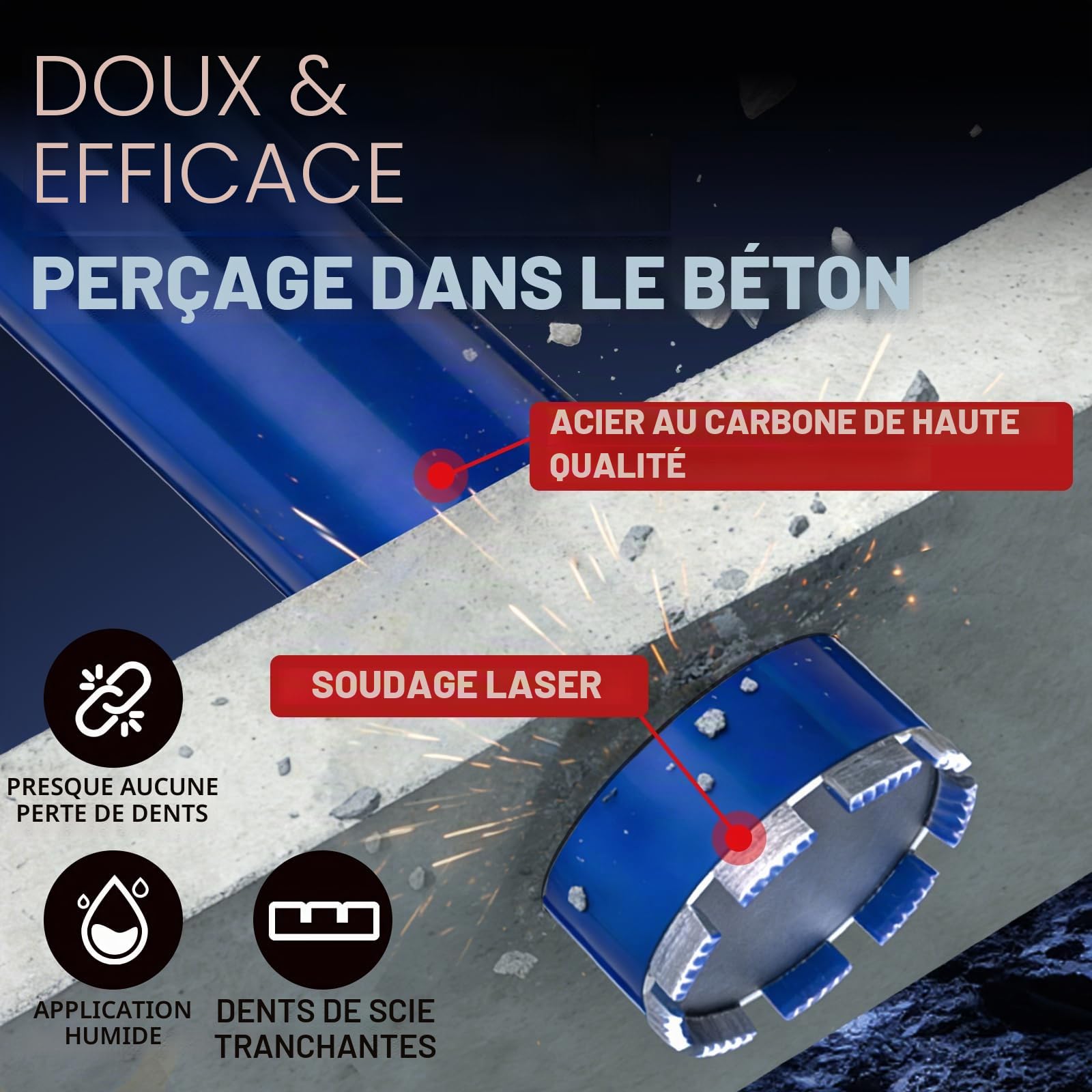 Carotteuse diamant DaduoRi 63 mm avec SDS Plus (1‑1/4 pouce) – 410 mm de profondeur de coupe – Pour forage à l’eau sur béton armé, maçonnerie, pierre, brique (longueur totale 460 mm).