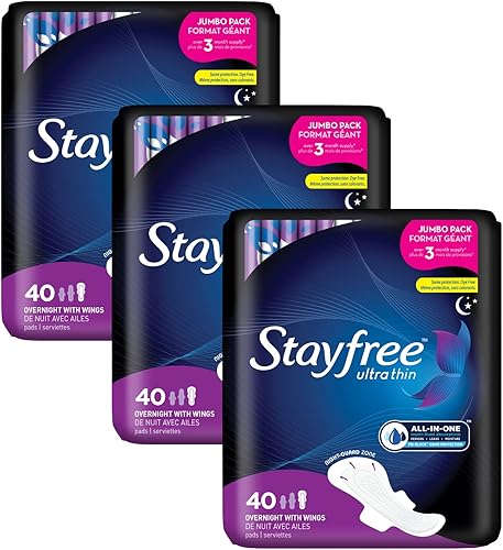 Stayfree Almohadillas ultrafinas para la noche con alas, para mujeres, protección fiable y absorción de la humedad femenina, fugas y períodos, 40