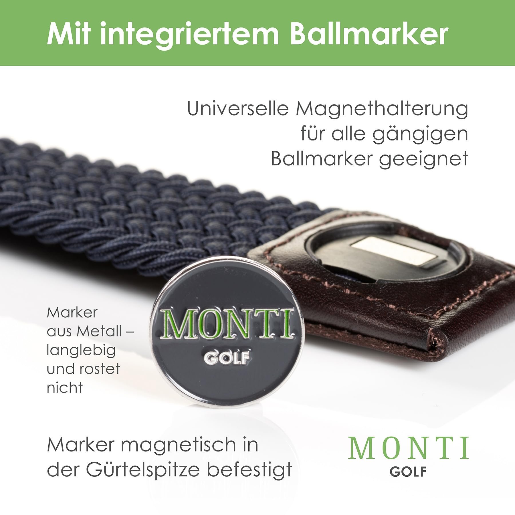 MONTI Herren Flechtgürtel Golfgürtel für Männer mit integriertem Ballmarker BIRDIE - navy uni - Größe 95