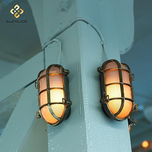 Vista 17 de Sunluck Pantalla de pared náutica redonda de rejilla de luz de mamparo de latón, montaje en techo, luz de sauna impermeable IP54, resistente al