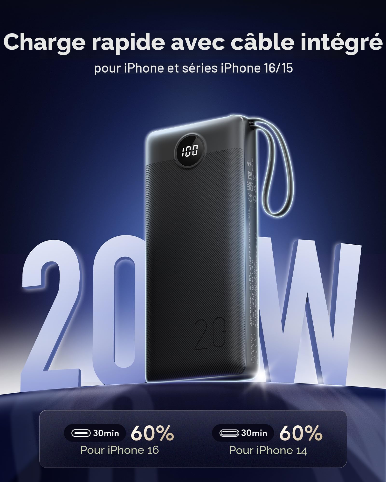 VRURC Batterie Externe 20000mAh QC 22.5W Power Bank Cable intégré, USB C Charge Rapide LED Chargeur Portable avec 4 Sorties et pour iPhone13/12/11/X/8, Samsung Huawei Xiaomi Tablet