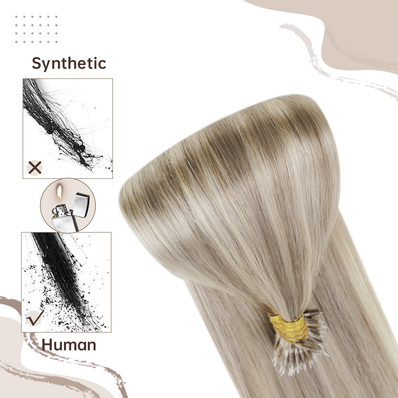 Easyouth Blonde Nano Hair Extensions Real Human Hair Highlight Nano Bead Hair Extensions Human Hair Ash Blonde Mixed Bleach Blonde Pre Bonded for Women 14 Inch 50g/50s - Image 4