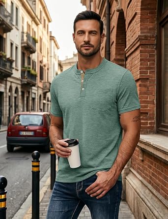 Men's Henley Shirts Short Sleeve Button T-Shirts Casual Summer Classic Pocket Tee Top