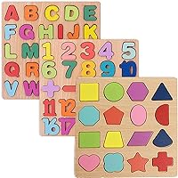 Winbar 3-Pack Wooden Montessori Puzzles for Toddlers 3+ - Alphabet, Numbers & Shapes Educational Toys for Boys Girls