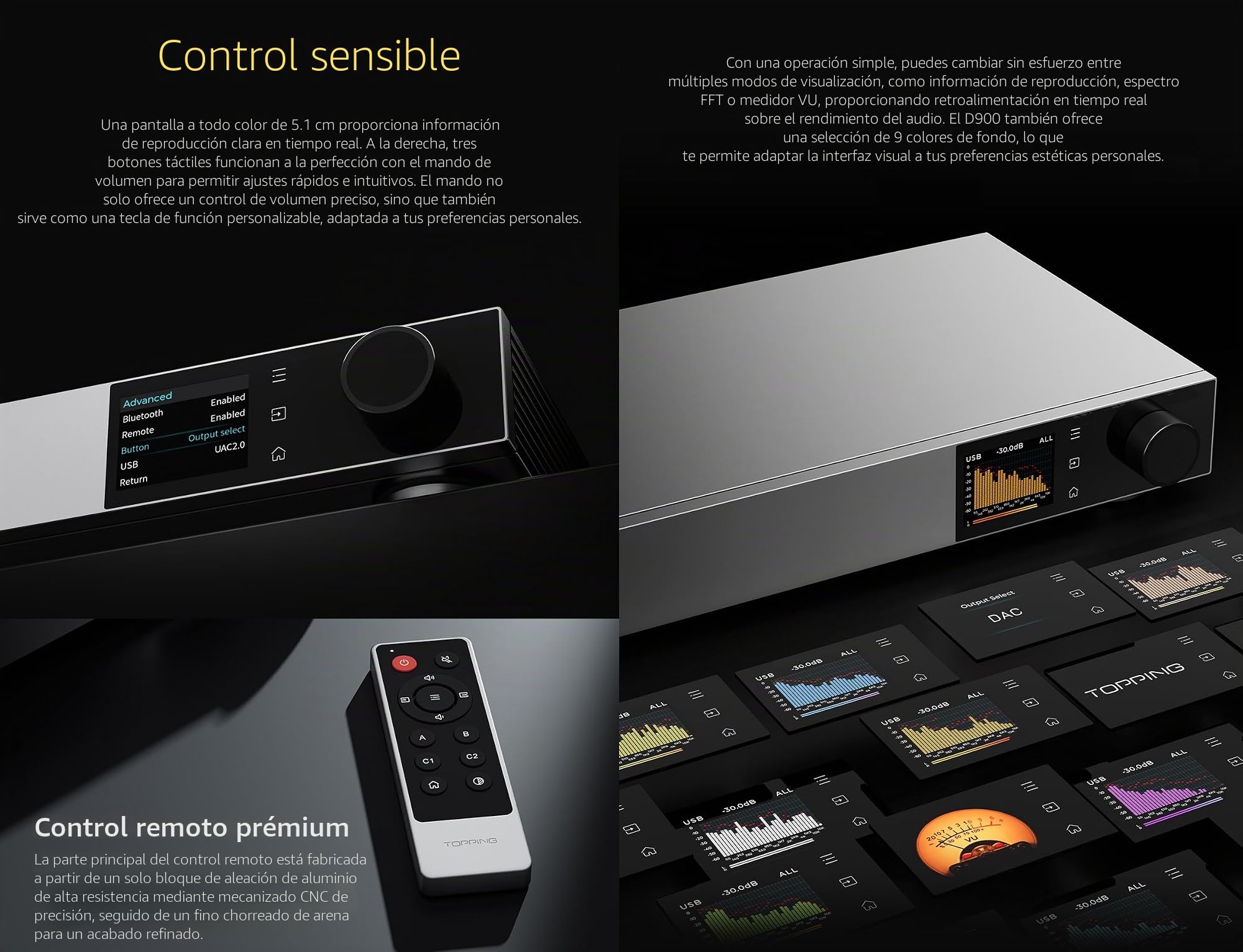 TOPPING D900 Hi-Res DAC Preamplificador - Módulo PSRM desarrollado internamente BT 5.1 Soporte LDAC 10 Bandas PEQ Interfaz Aurora UI con control remoto (plata)