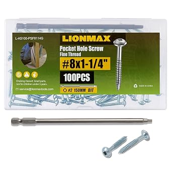 LIONMAX Pocket Hole Screws Fine Thread #8 x1-1/4 Inch, 100 PCS, Galvanized | Rust Resistant Pocket Screws for Wood, Square Drive, Washer Head, Zinc Plated, 150MM Drive Bit Included