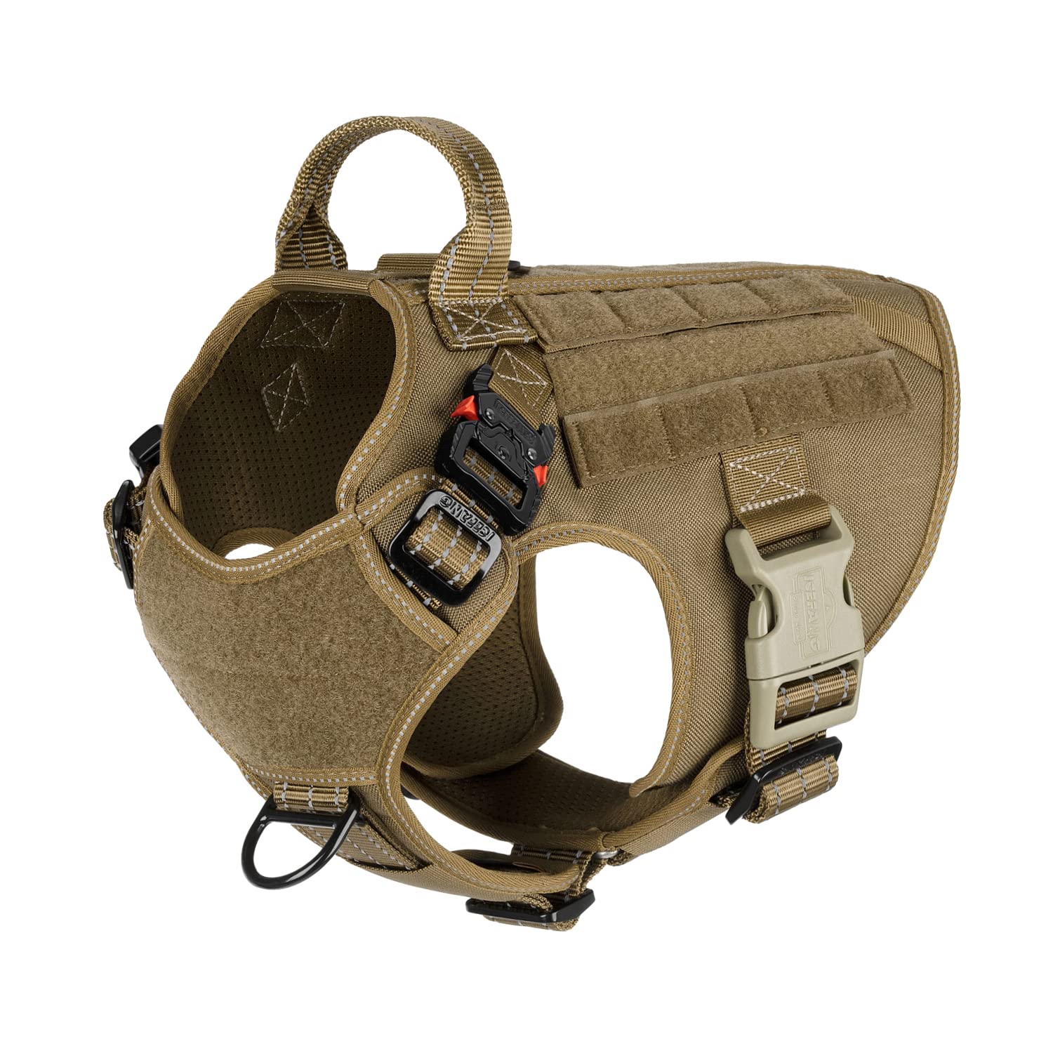 ICEFANG Tactical Dog Harness,2X Metal Buckle,Working Dog MOLLE Vest with Handle,No Pulling Front Leash Clip,Hook and Loop Panel (Medium (Pack of 1), Reflective Brown)