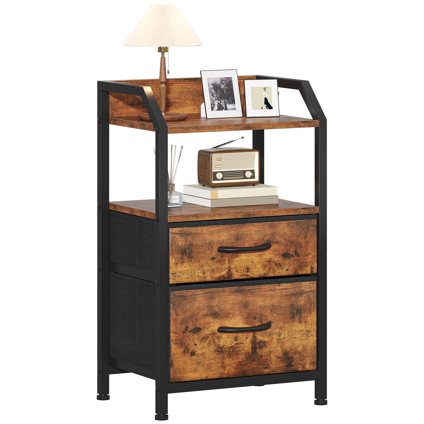 Feonase Bedside Table with 2 Fabric Drawers & Open Shelf - Sturdy Metal Frame Nightstand, Compact End Table for Bedroom, Living Room, Small Spaces, Wooden Top Storage Furniture, Rustic Brown