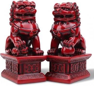 Foo Dogs Feng Shui Decor, 1 Pair 10.5inch Wooden Chinese Guardian Pair Ornaments, Foo Dogs Statues for Home Office Store Decorations