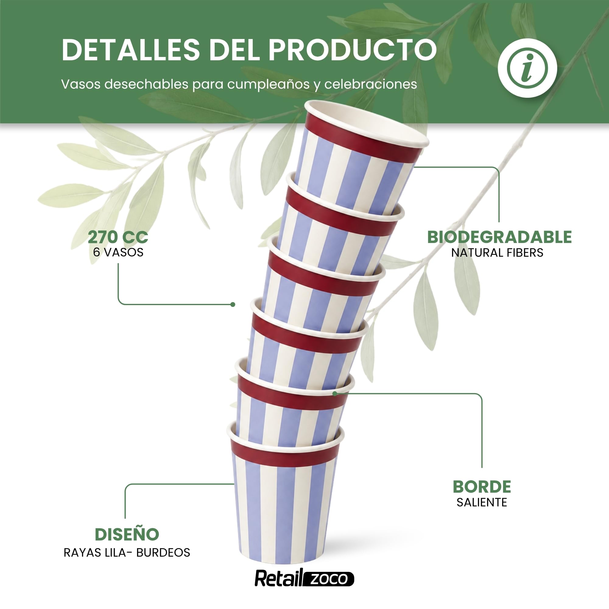 Vasos de cumpleaños, Vasos Desechables cartón, Diseño Rayas, 6 Unidades - imagen 2