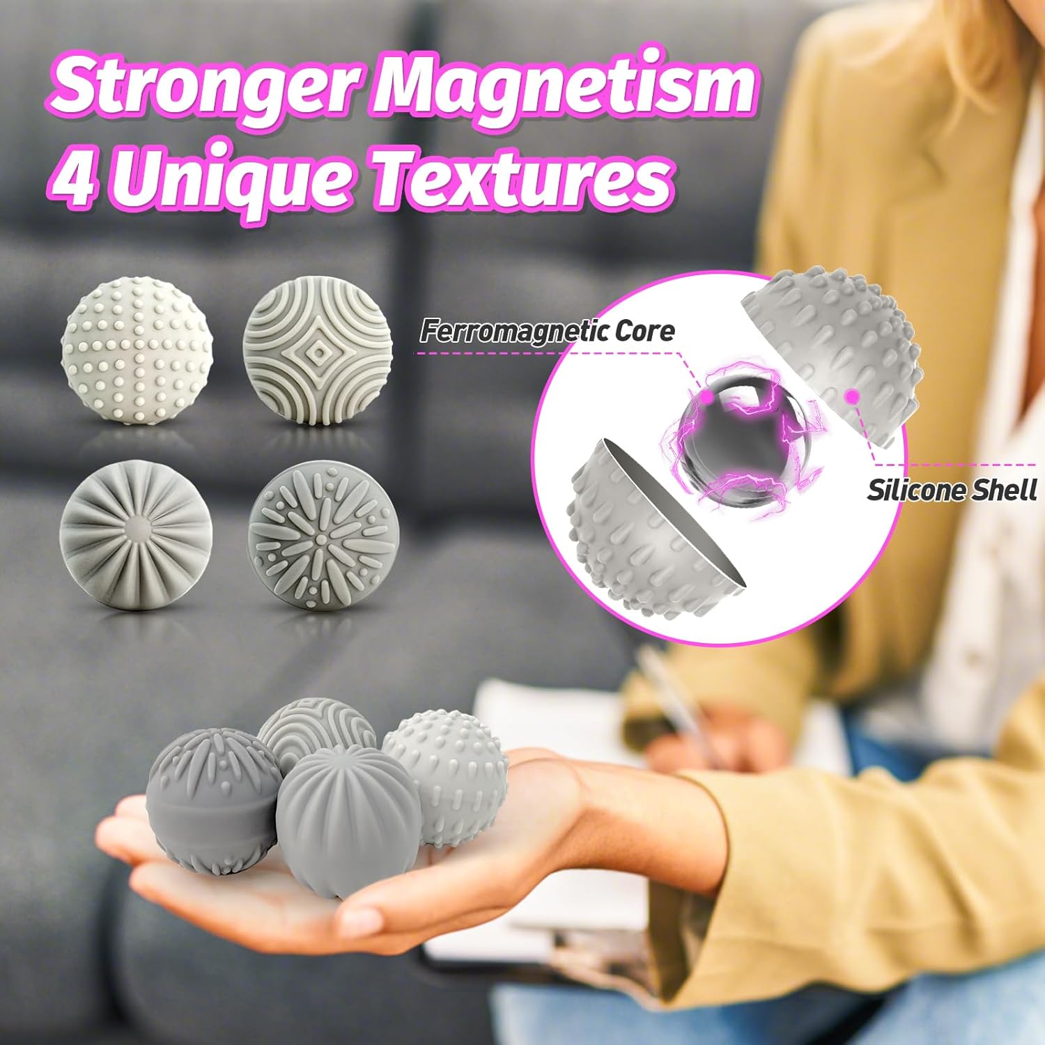 Weighted Magnetic Fidget Balls - 4 PCS Silicone Stress Relief Balls Stone for Adults Sensory Travel Toys for Calming,Stress,Autism and ADHD,Gifts for Kids Girls Boys with Case, Grey