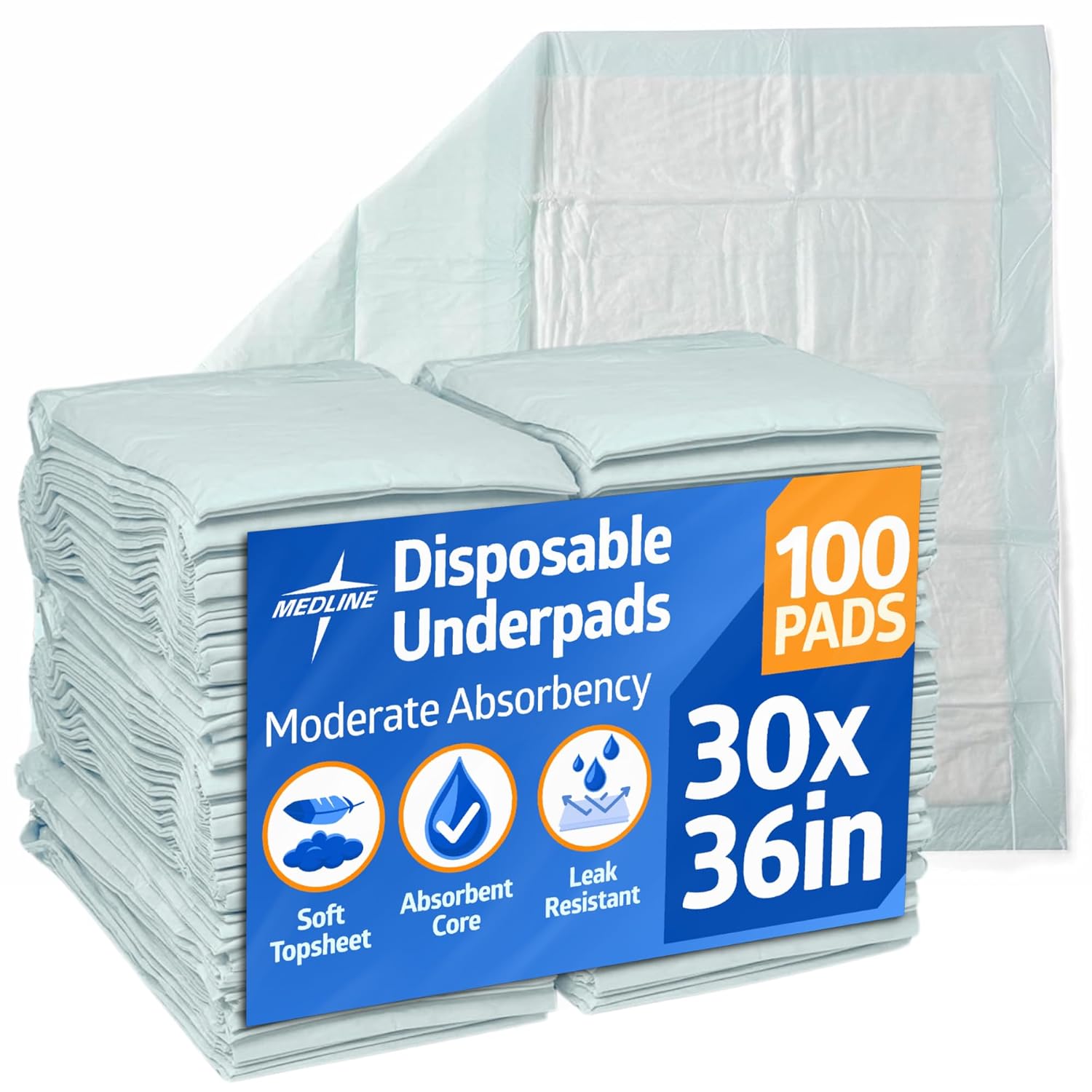Medline Deluxe Fluff & Polymer Underpads, Moderate Absorbency, Non-Quilted, 30x36 Inches, Ultimate Protection for Beds, Floors, Furniture, Pets, Pack of 100