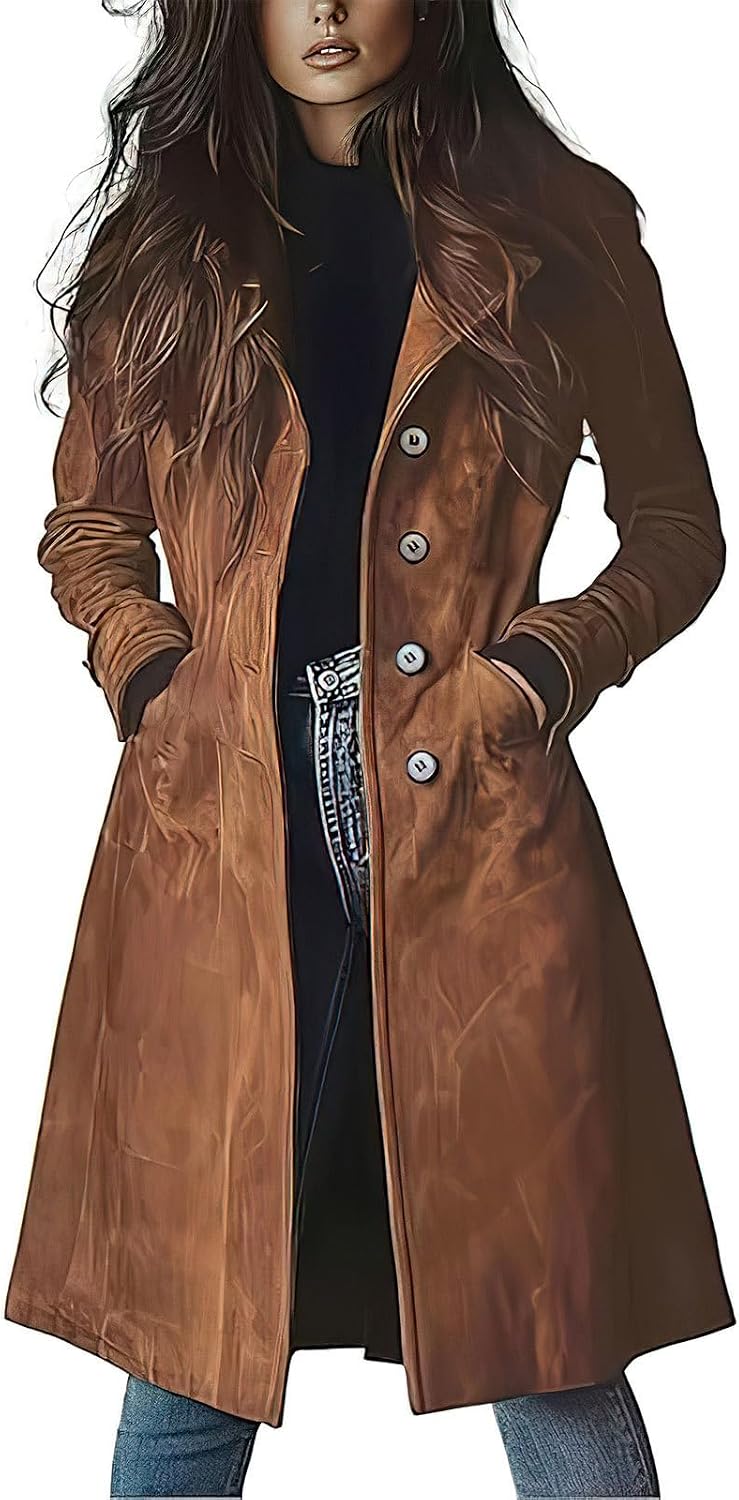 ebossy Women's Faux Suede Mid Long Trench Coat Notch Lapel Jacket Overcoat with Pockets