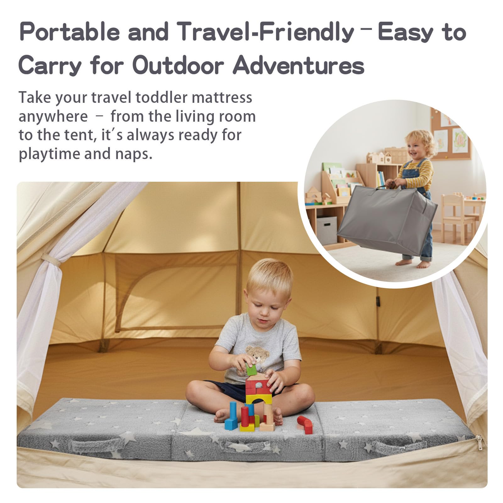 Tiita Trifold Bodenmatratze für Kinder, 145 x 56 x 8 cm Glow in The Dark Baby Kinder Futon mit abnehmbarem Bezug, Portable Schaumstoff Kleinkind Nap Matte mit Aufbewahrungstasche, Grey Star