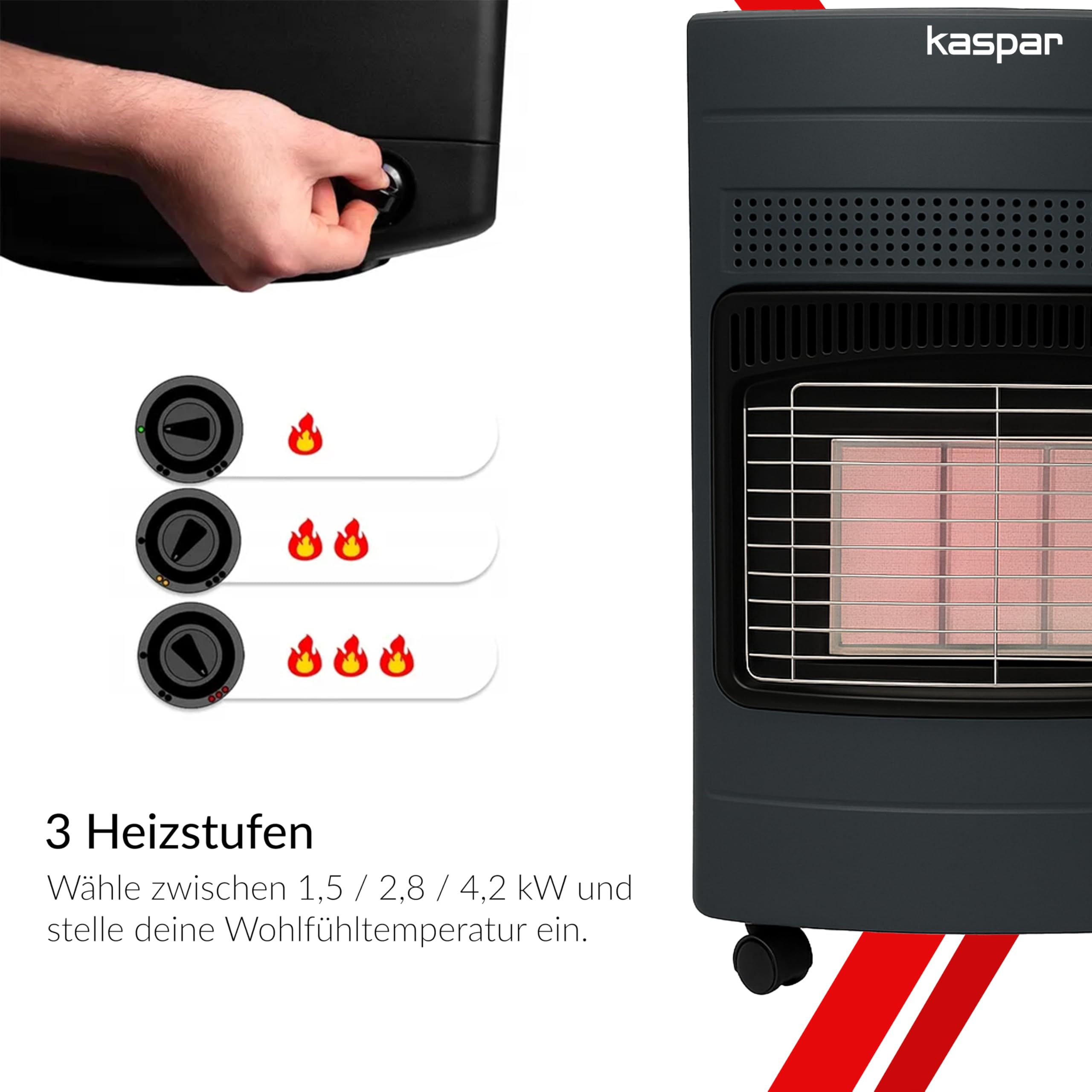 Kaspar Gasheizer Mit Gasdruckregler Gasschlauch Gasheizofen Heizstrahler 1500 2800 4200 W Gasheizung Für Innenräume Außen Terrasse Camping Zelt Für Fläche Bis 60 m2
