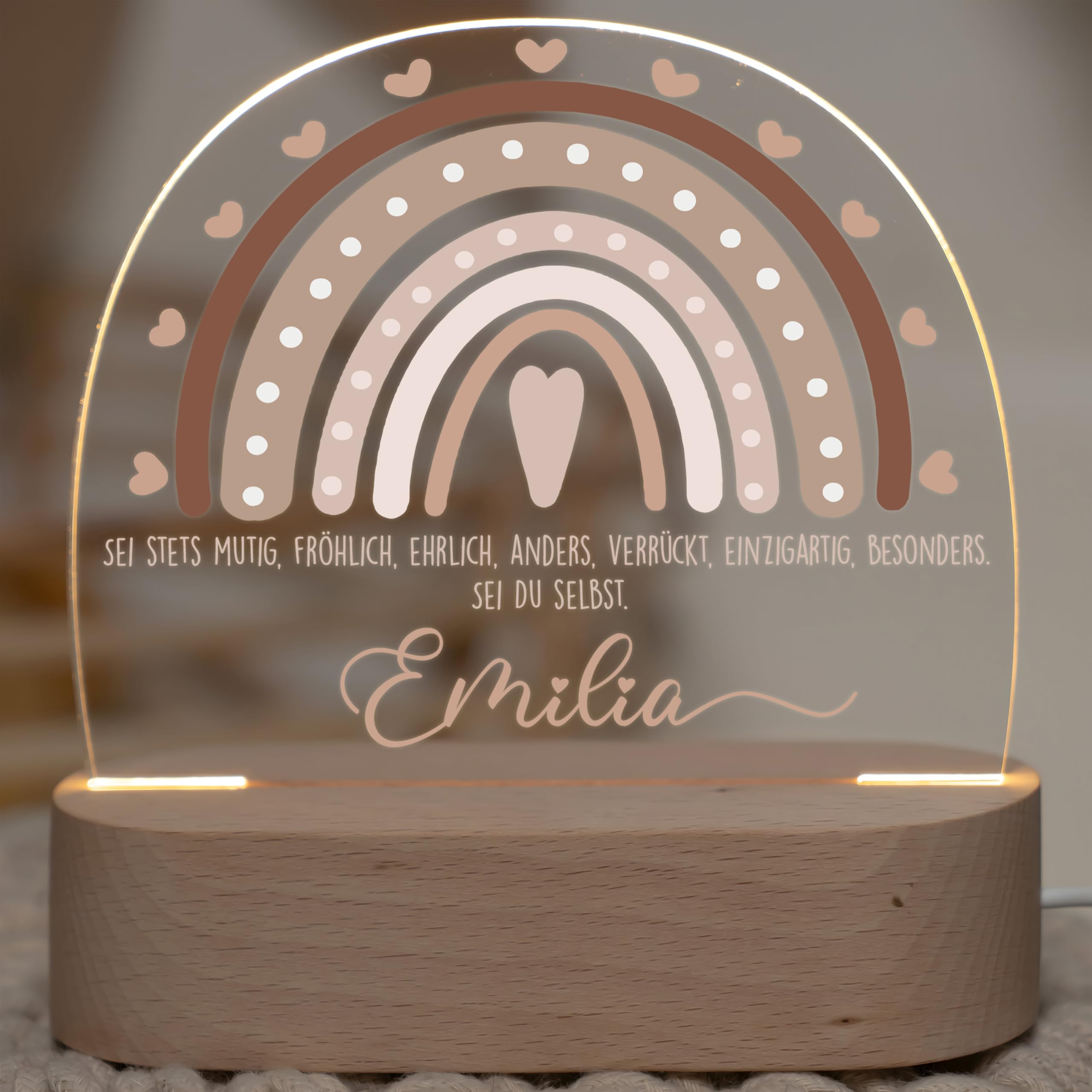 Kidsmood Personalisiertes Nachtlicht Baby mit Namen - Stilllicht Kinder LED, dimmbar, Holz - Babygeschenk Geburt, Taufgeschenk Mädchen Jungen, Kinderzimmer Lampe & Schlummerlicht [Regenbogen Beige]