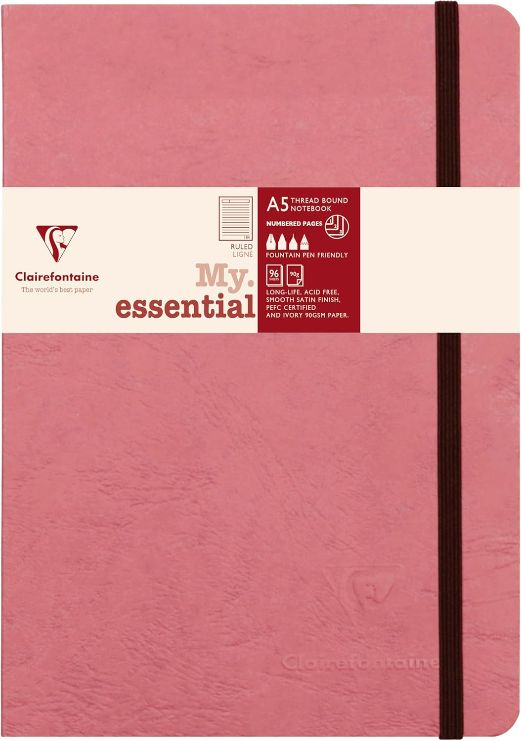 Clairefontaine 793466C Age Bag Collection Sewn Notebook My.Essential Antique Rose - A5 14.8x21 cm - 192 Lined Pages - 90 g Ivory Paper - Leather Card Cover