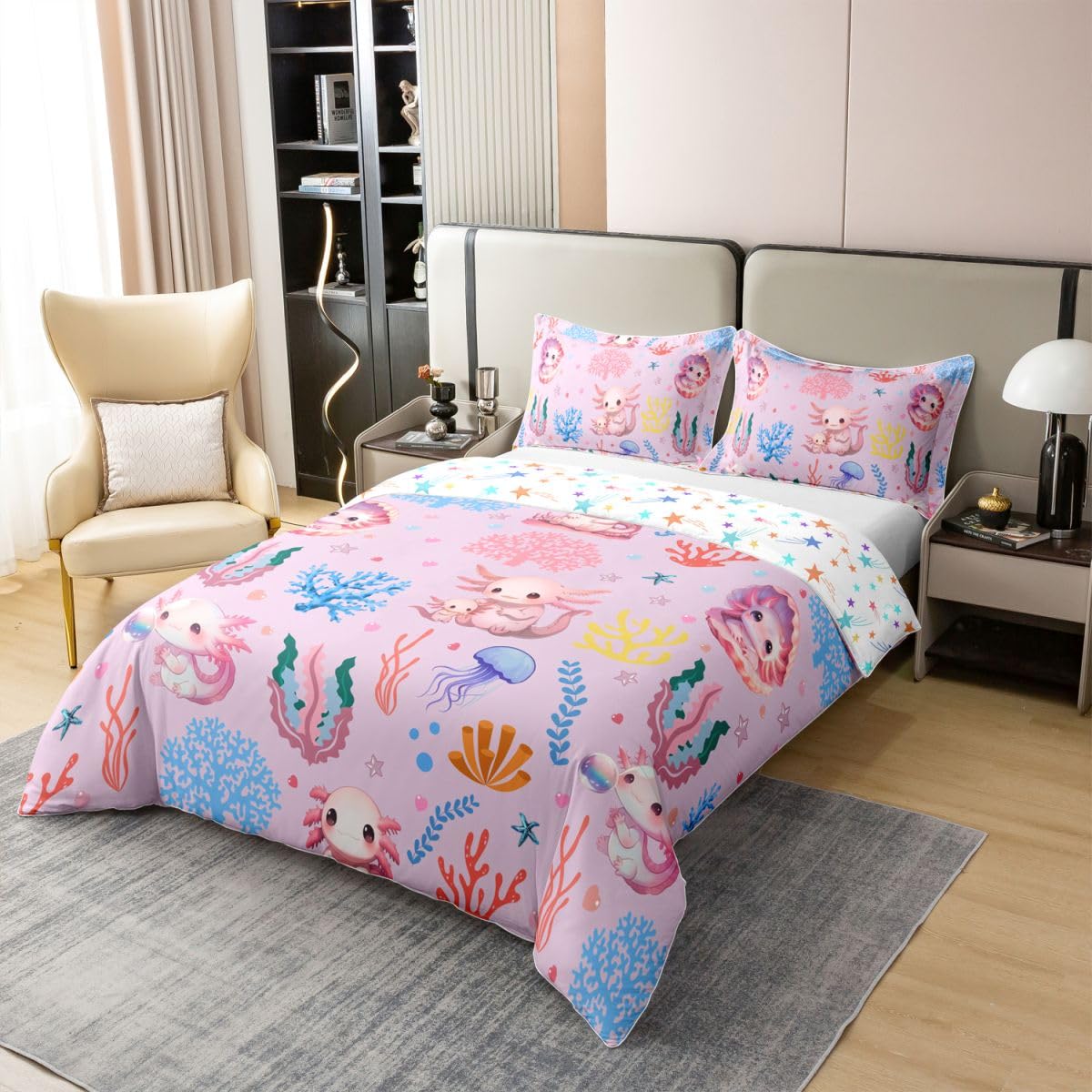 Homewish Różowa urocza poszewka na kołdrę axolotl super king koral rozgwiazda meduza bawełna zestaw pościeli marzycielski podwodny świat poszewka na kołdrę kreskówka gad zwierzę zestawy łóżek