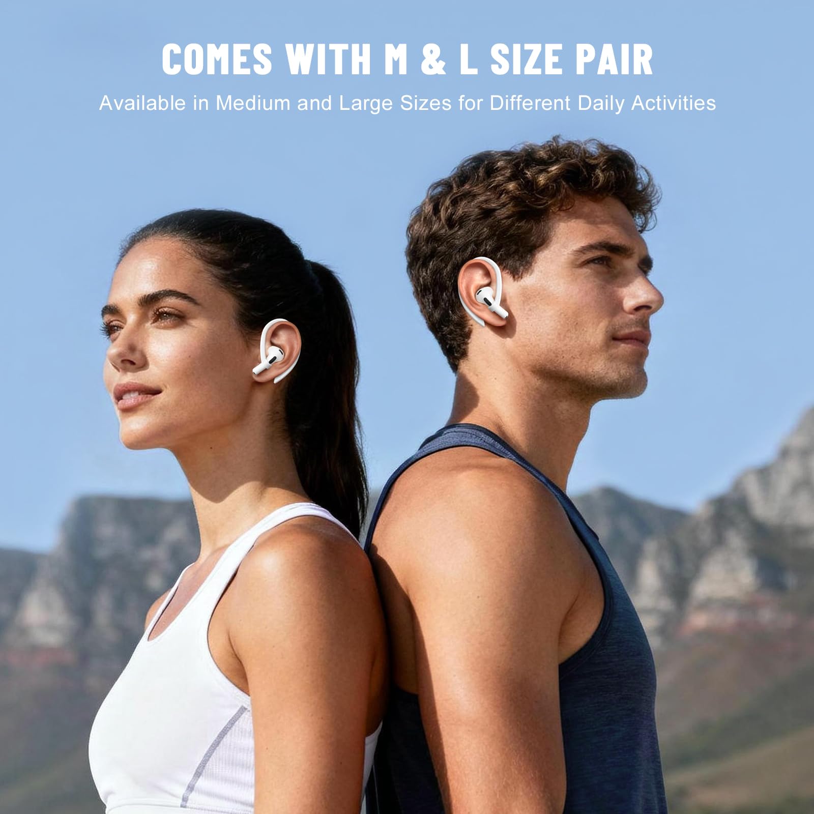 2 Pairs Ear Hooks Compatible with AirPods Pro 3/2/1, AirPods 1/2/3, [M & L Size Pairs] Upgraded Full Button Access Ear Hooks for AirPods 1, 2, 3, 4,Pro, Pro 2, Pro 3 - White