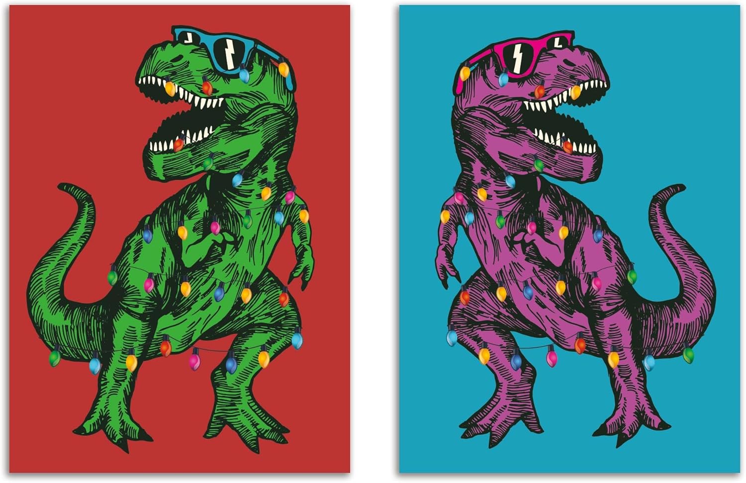 Ritzy Rose 24 Tangled T-Rex in Christmas Lights Holiday Cards in 2 Colorful Dinosaur Designs + Envelopes