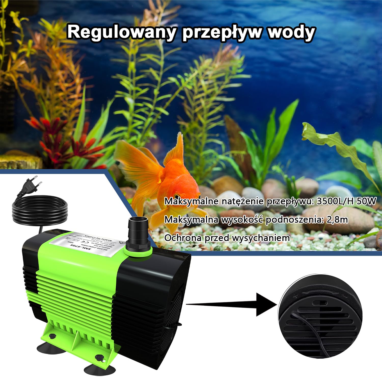 Pompa zanurzeniowa do wody Lnicez - wydajna mała pompa zanurzeniowa (50W 3500L/H) z pompą wodną do akwarium o wysokości podnoszenia 2,8 m, 5 dysz do fontann ściennych, rur, akwariumKabel 1,8 m