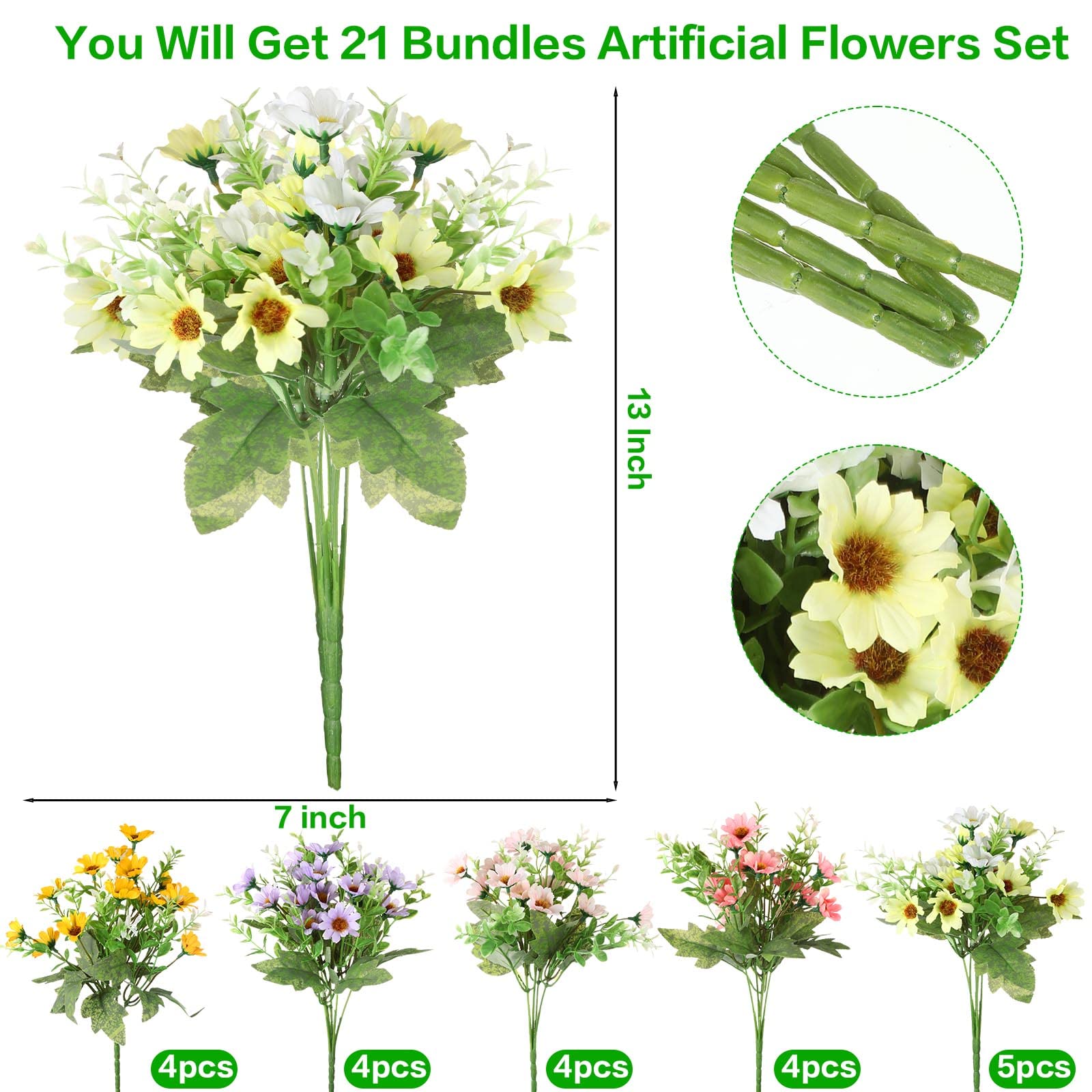 21 Bundles Summer Artificial Flowers Outdoor UV Resistant Faux ...