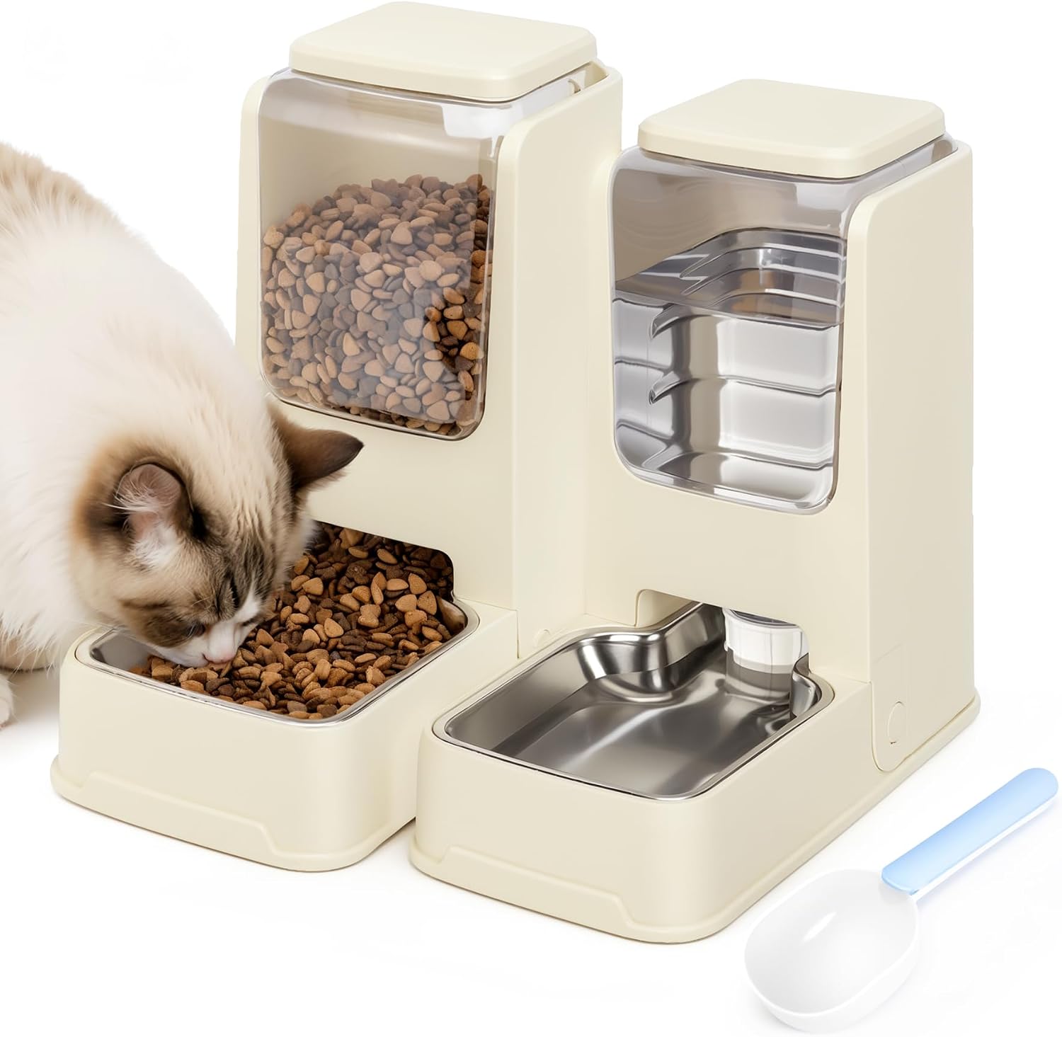 2 Pack Automatic Cat Feeder Stainless Steel Gravity Food and Water Dispenser for Small Medium Kitten Puppy Pets (Green)