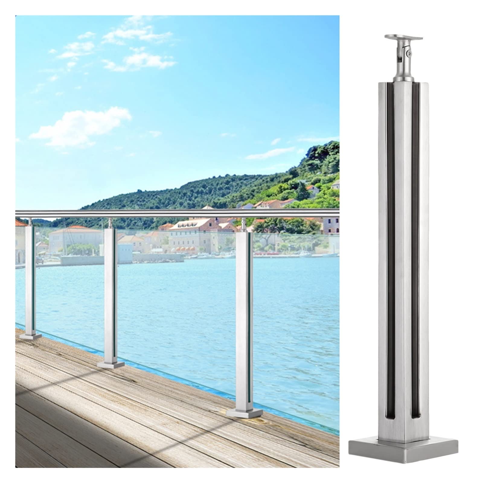 Poteau de balustrade en verre carré de 95 cm argenté pour terrasse