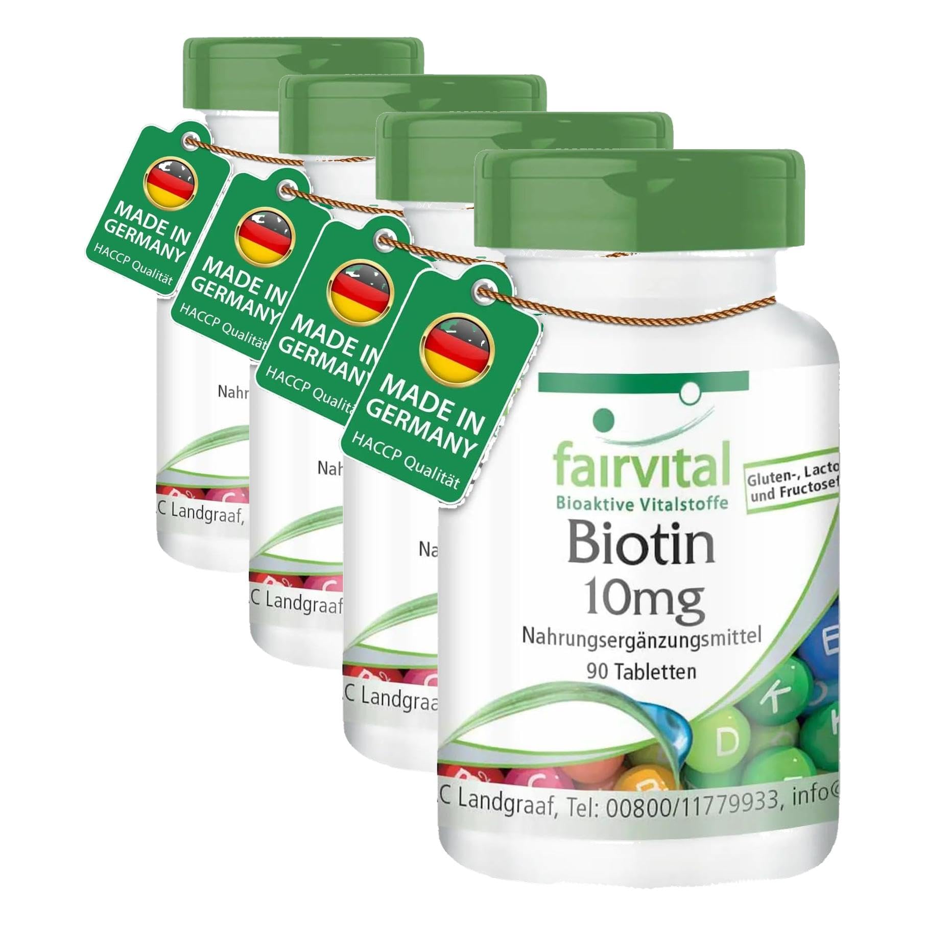 fairvital Biotin 10mg, 90 Tabletten, schluckfreundlich, mit 10000mcg Vitamin B7 pro Tablette, HOCHDOSIERT, für Haut & Haare, VEGAN (Packung mit 4)