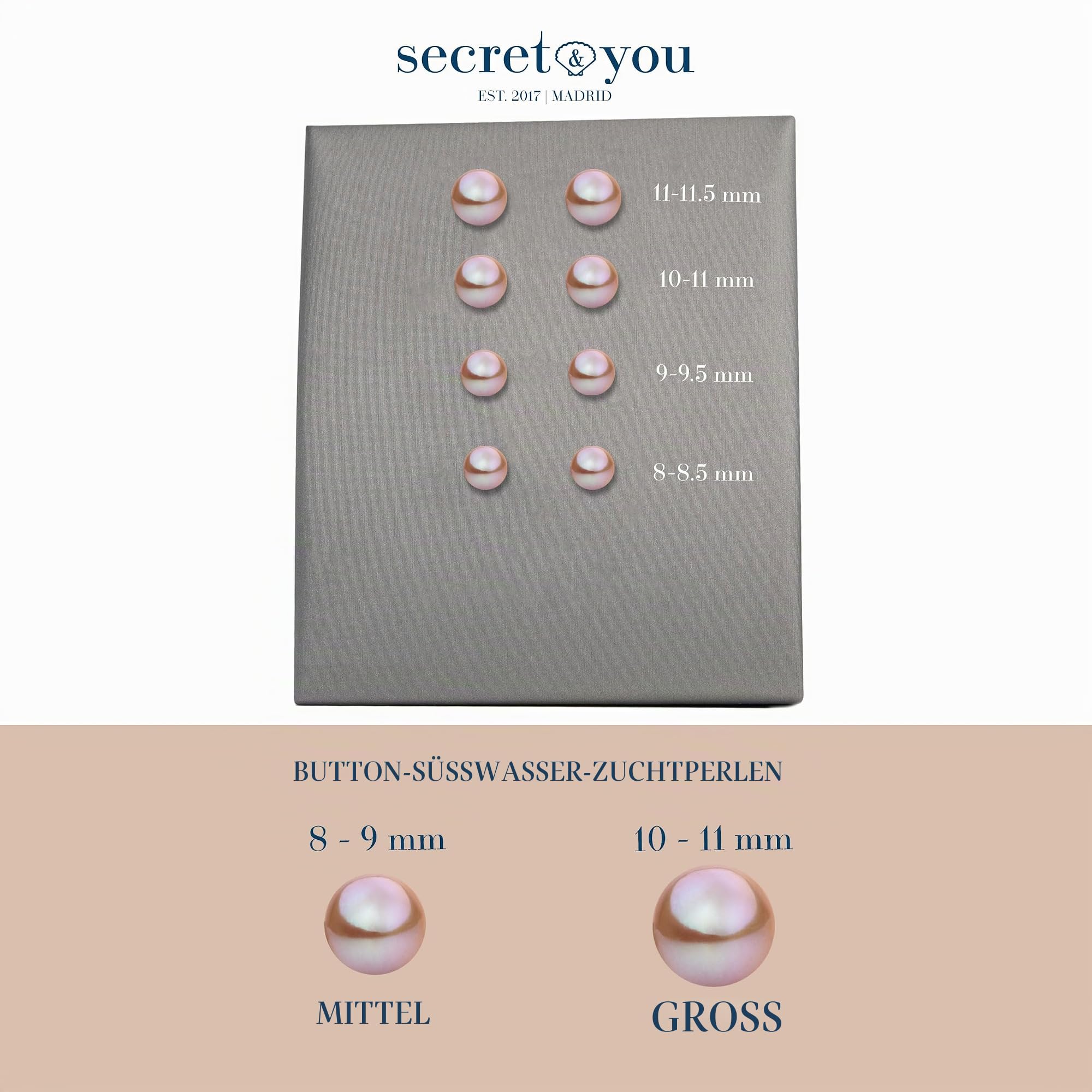 Damen Perlenohrringe Rosa Süßwasser Zuchtperlen Knopfform Lavendel Rosa Farbe SECRET & YOU - Perlen Ohrstecker Sterling Silber 925 - Erhältlich in 4 Größen von 8-11 mm