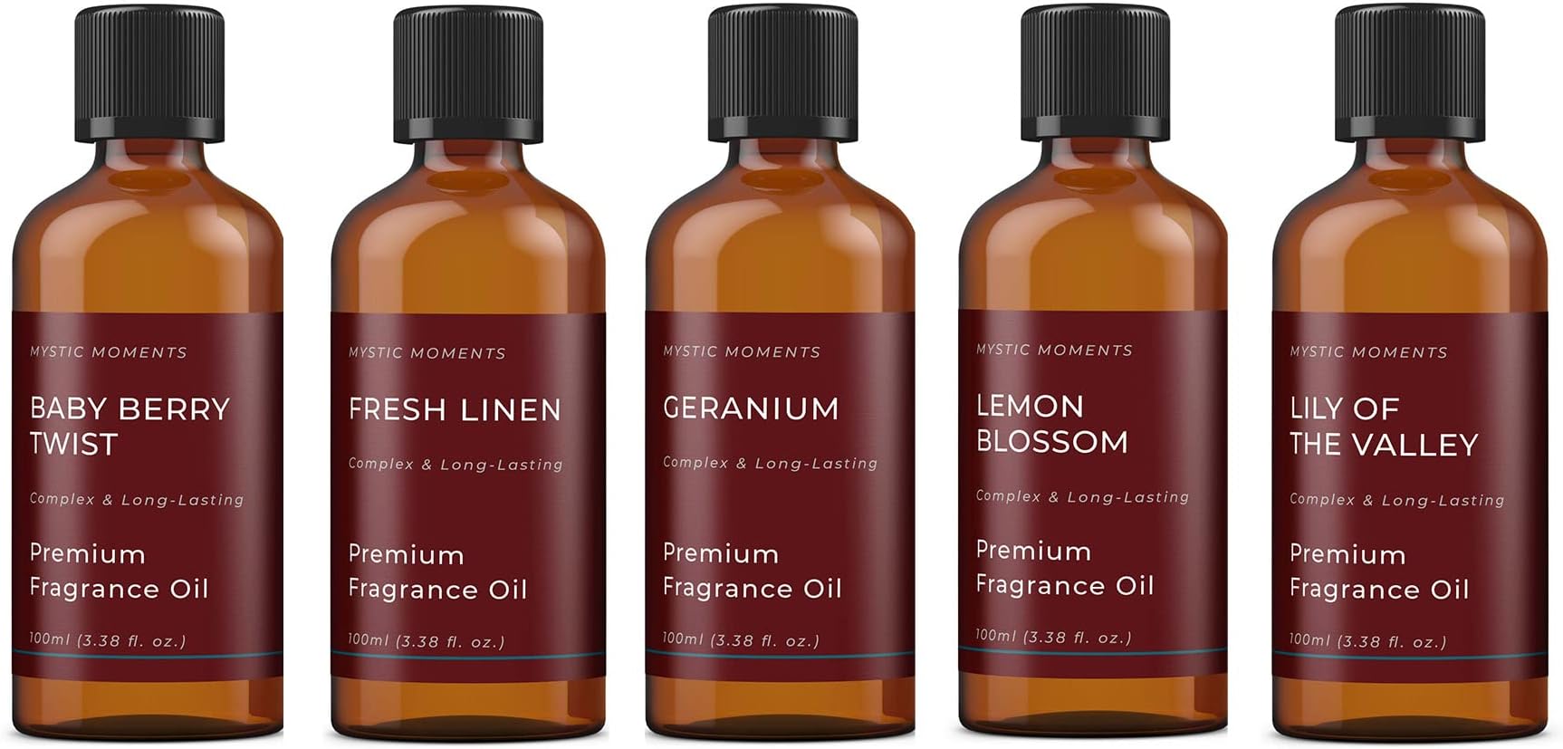 Mystic Moments | Spring Fragrance Oil Gift Starter Pack 5x100ml | Baby Berry Twist, Fresh Linen, Geranium, Lemon Blossom, Lily of The Valley