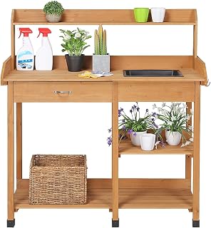Topeakmart Outdoor Potting Bench with Removable Sink, Drawer, Shelves - 45.2x17.7x47.6" Fir Wood Garden Work Table