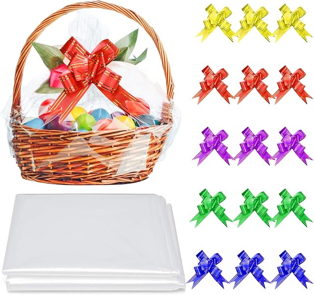 15 Pcs Cellophane Basket Bags, 39.3 x 27.5 inch Clear Cellophane Bags Extra Large with Pull Bows for Gift Wrapping Hamper Making Baskets Wrapping