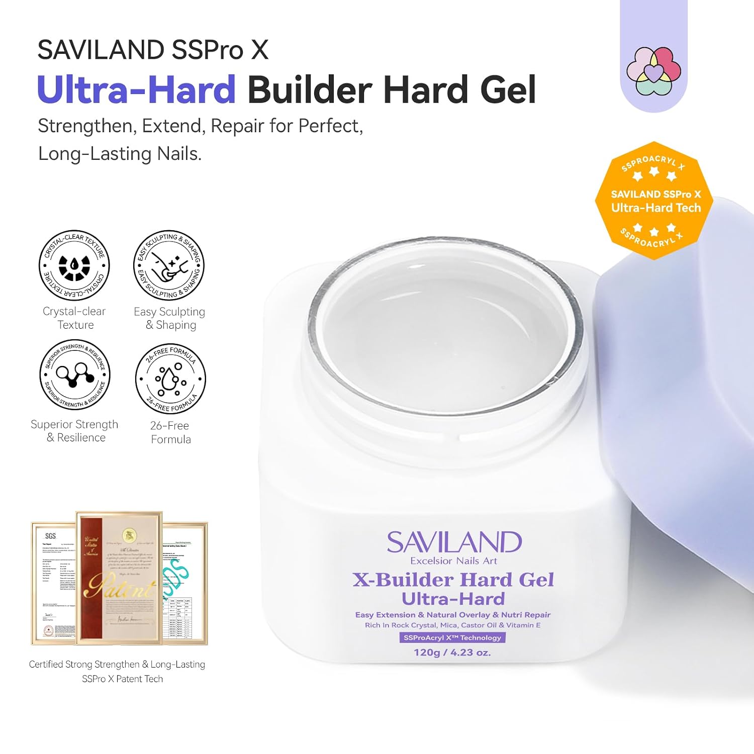 SAVILAND SSProX Ultra Hard Builder Nail Gel: 120 g Clear Plant-Based Hard Gel for Nails Mica Vitamin E Castor Oil U V 3D Nail Extension Gel Strengthening & Thickening DIY Home Use