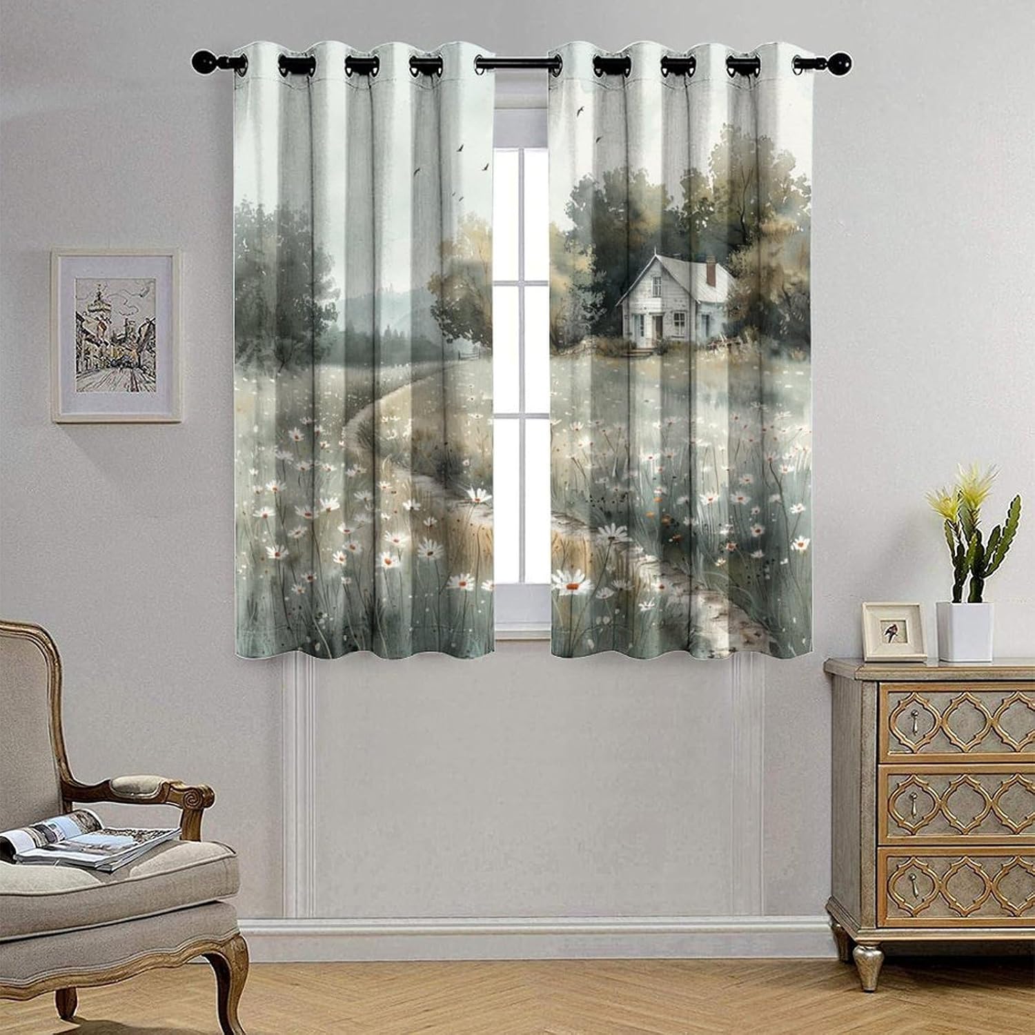 Watercolor Rustic Grommet Blackout Curtains for Bedroom, Daisy Floral Filed Cottage Thermal Insulated Curtains Room Darkening Window Drapes, 21W x 45L, 2 Panels