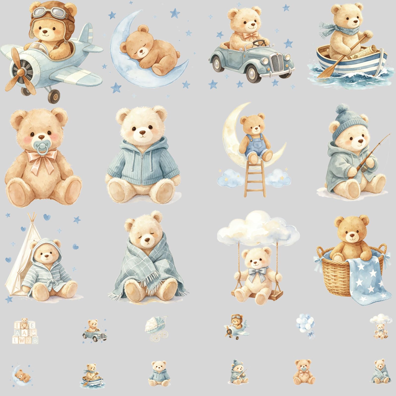SUPERDANT Teddy Bear Iron On Transfers 24pcs Heat Transfer Stickers Blue Bears Iron On Patch with Small and Large Size for DIY Clothing Decals and Personalize Apparel
