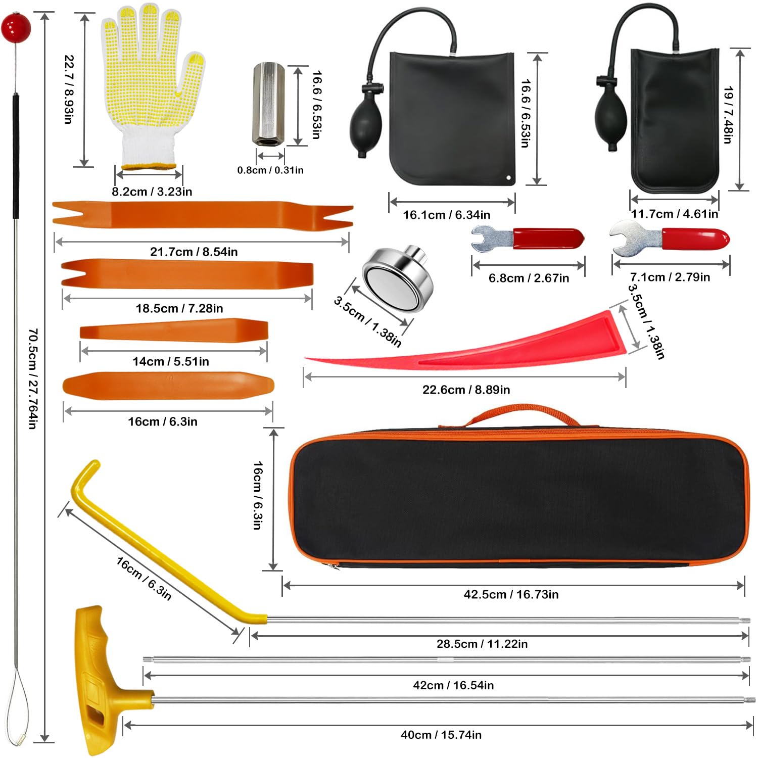 Kit di attrezzi per auto, 22 pezzi, kit professionale di riparazione di emergenza con pinza a lunga portata, pompa a cuneo d'aria, gancio a J, strumento di rimozione delle finiture, borsa per riporre